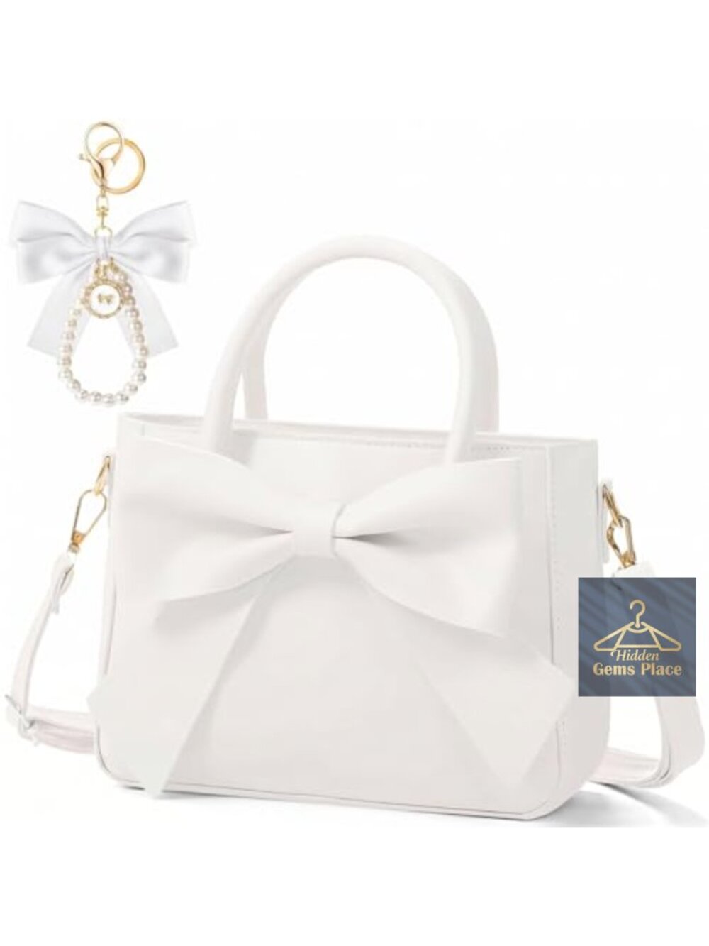 Leather Crossbody Bag with Bow Charm Adjustable Strap